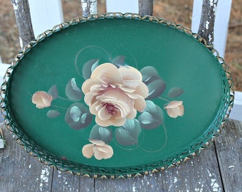 Green Tole Painted Tray with Roses