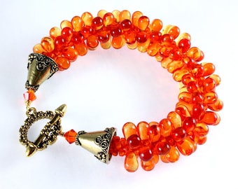 Kumihimo Czech Teardrop Bracelet, Fire Opal