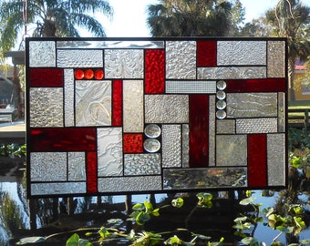 Stained Glass Window Panel, Shades of Red Patchwork Glass Quilt, Traditional Stained Glass Transom Window, Old Quilt Window Valance, OOAK