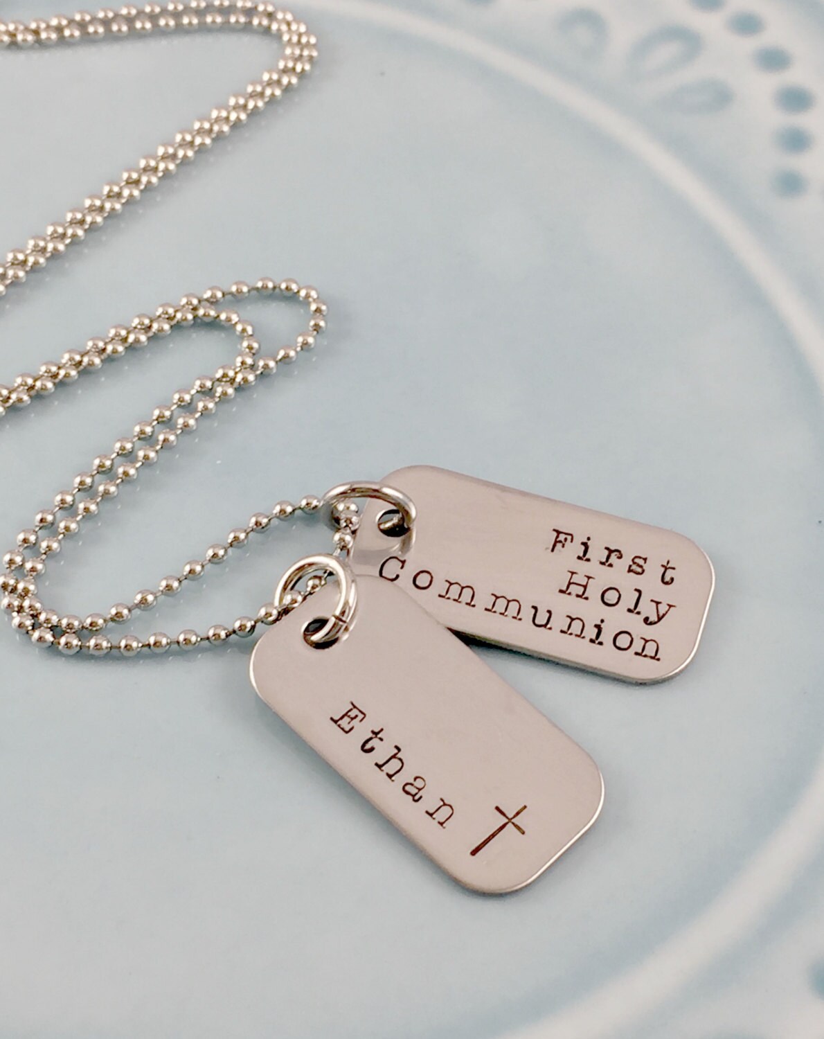 First Communion Personalized Necklace Hand Stamped Mini Dog