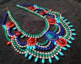 Custom Vintage Hand Painted Rhinestone Statement Necklace - Dannijo look