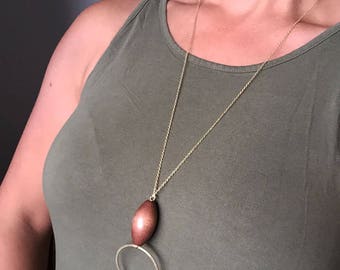 Wood and Brass Long Necklace, Circle necklace, vintage wood pendant, Long statement necklace, Long necklace, Gift for her, Christmas gift