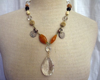 Aziza Handmade Linked Amulet Necklace with Chandelier Crystal Pendant