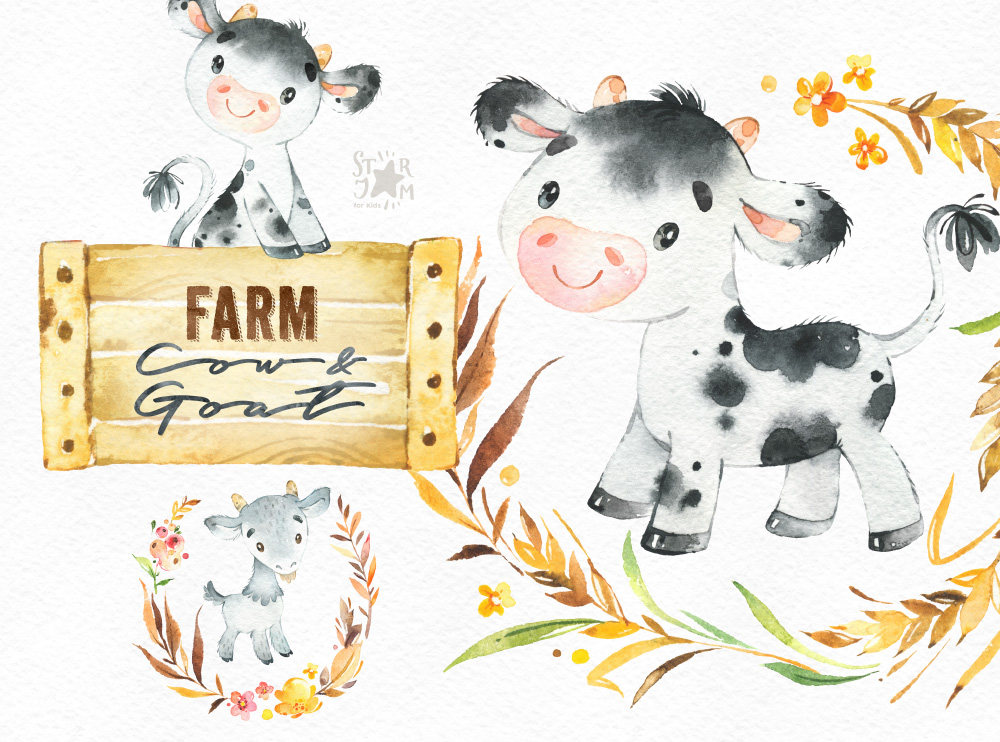 Download Farm. Cow & Goat. Watercolor country clipart calf little
