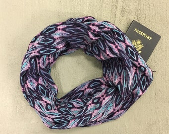 Purple Diamond Print Infinity Scarf with Hidden Zipper Pocket / Hidden Pocket Scarf
