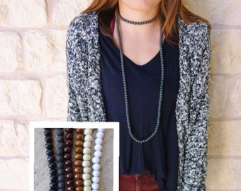 Double wrap long wooden beaded necklace