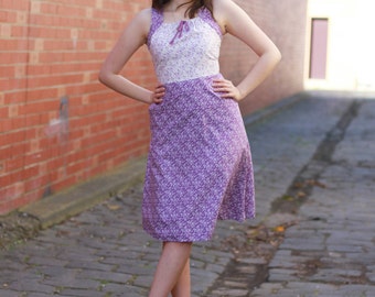 Vintage 1970s Purple Floral Sundress | Cotton Sundress | White Floral Sundress | S