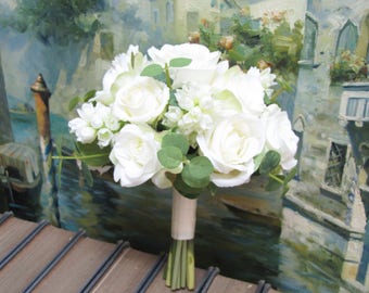 White Roses Bridal Bouquet, Bridesmaid Bouquet, Hyacinth Wedding Bouquet, Wedding Bouquet, Floral Bouquet, Rustic Wedding Bouquet