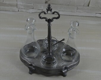 Vintage French pewter Oil and Vinegar Set - Condiments - Cruet Set