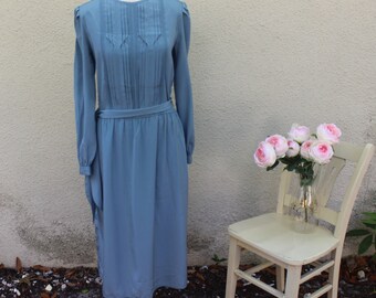 Stellar Nights Dress | 80s Blue-Grey Victorian Style Midi Dress | Secretary | Teacher | Long Sleeve | Mod | M