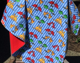 Flannel Baby Blanket / Kid Car Blanket - Dinosaurs Dinos on Blue Stripes with Red Back, Personalization Available