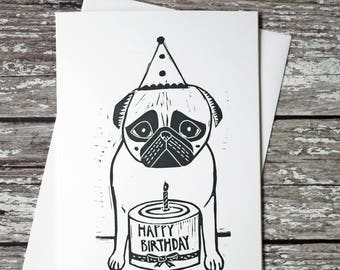 Birthday Pug Card Birthday Card Hand Printed Lino Print Card Pug Gift Dog Gift Birthday Gift /// Puggy Birthday