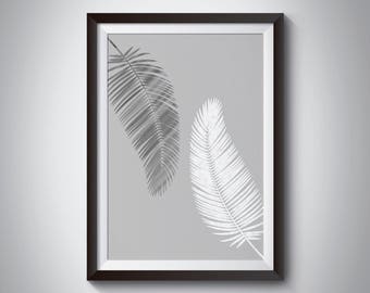 Grey Palm Leaves Print - Tropical leaves Print, Leaf Wall Art, Monogram Print, grey prints, grey wall art, grey decor, grey poster