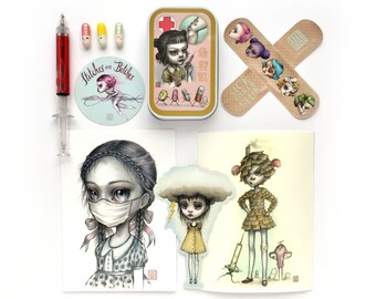 Sick Girls Club Collectors Set - custom First Aid Kit, Mini Art Print, Sticker set, Secret message pills & pen by Mab Graves