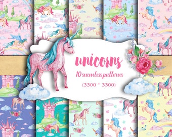 Digital paper Unicorns,Pegasi,Alicorn. Seamless patterns, watercolor, fairy prints for baby, scrapbooking.