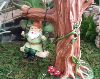 Fairy Garden Miniature Gnome on a Swing, Resin Fairy Garden Tree with Swinging Gnome For Fairy Garden, Gnome Village Accessory