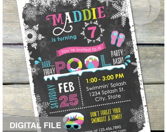 Pool Party Chalkboard Birthday Invitation Pink Winter Snow Indoor Swimming Bash - DIGITAL Printable Invite - 5” x 7”
