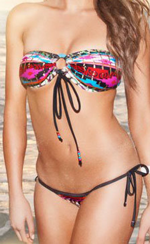 75%OFFSALE *** MissManeater AZTEC ring front bandeau bikini top with our lace frill tie side boutique bikini pant ***SUPER low rise!