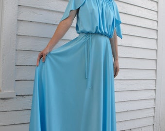 70s Blue Grecian Dress Maxi Goddess Formal Gown Vintage Silky Light XS