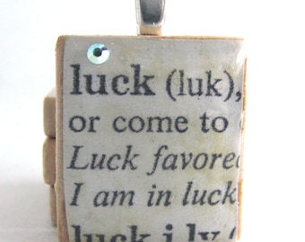 Luck - vintage dictionary Scrabble tile pendant or charm with Swarovski crystal