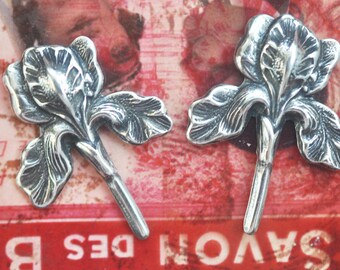 TWO Iris Brass Stampings, Sterling Silver Finish, Jewelry Supplies Made in the USA