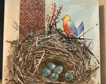 Orange Bird Blue Eggs Bird Nest 8x8 Acrylic Canvas Painting