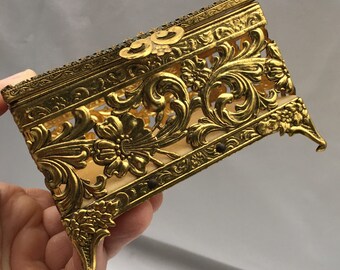 Mid century jewelry casket. Brass and glass trinket box. Hollywood Regency. Brass filigree box. Ornate brass jewelry casket.