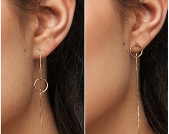 Threader Earrings, Ear Threader, Long Chain Earrings, in 14kt Gold Filled, Sterling Silver, Circle Earrings -10mm C8