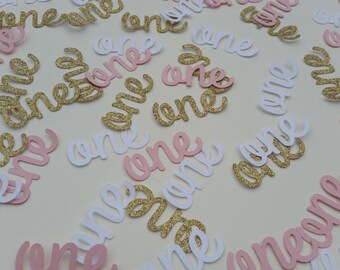 Age one confetti. Gold glitter, white and pink age one table confetti, invite fillers, cake toppers.