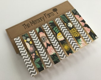 Clothesline Photo Display, clothespin set- Charcoal and pink floral