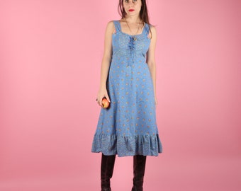Innocent 70s Vintage Blue Cotton Floral Prairie Dress XS