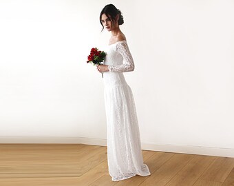 Boho bridal dress, Lace Maxi Wedding dress, Vintage Style Dress, Ivory off-shoulders Gown, medieval style wedding dress, 1182