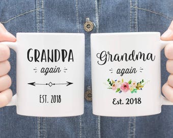 Grandma Grandpa Again Est 2018 Mug Set, Grandparents Again Gift, Grandma Grandpa Pregnancy Reveal Announcement, Gift Ideas for Pregnancy
