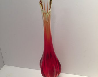 Vintage small red and yellow swung glass vase