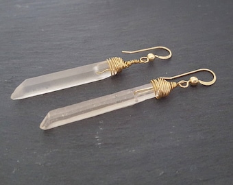 Raw Crystal Earrings, Raw Quartz, Raw Stone, Clear Crystal, 14K Gold Earrings Raw Stone, Raw Quartz Crystal, Sterling Silver, Quartz Point