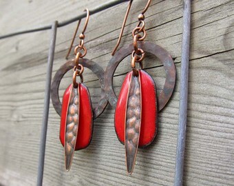 Mixed Metal earrings Red earrings Copper earrings Enamel jewelry Gift for wife Bohemian jewelry