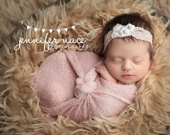 Kiersten - Blush Pink Cream Lace Headband - Vintage Style - Pearls - Girls Newborns Baby Infant Adults