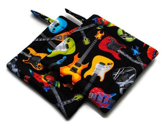 Handmade Quilted Pot Holders Electric Guitars set of 2 Potholders