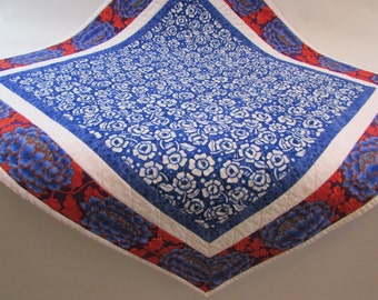 Colorful Quilted Square Table Topper - add bright blue and white to your table or kitchen island
