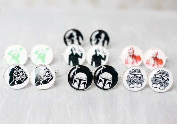 Wedding mens cufflinks - set of Groomsmen gifts - Star Wars - Darth Vader, Stormtrooper, Han Solo, Darth Maul, Yoda, Skywalker, Boba Fett