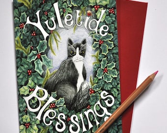 One Yule Cat blank Christmas card, Pagan cat Yule Blessings