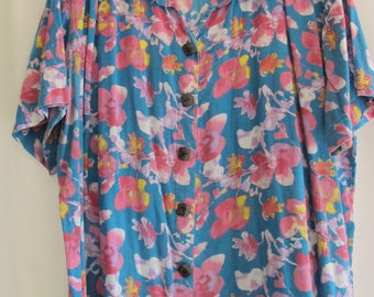 90s Vintage We Be Bop Blouse Size 1X Made In India Extra Large Plus Size Floral Cotton Summer Spring Button-Up Short Sleeves Easter Blouse