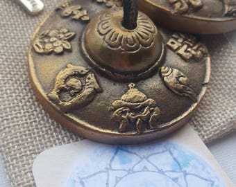 LARGE TINGSHA & BAG 8 lucky Symbol Tibetan Cymbols yoga meditation nadayoga sound healing altar cleanse mazira 6.6cm handmade - vegan!