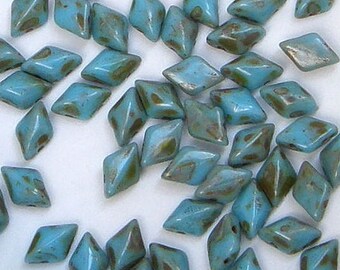 GemDuo Beads, Blue Turquoise - Picasso, 40 count, 5 x 8 mm 2-Hole Czech Bead, (379-85-T6303)