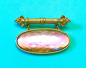 Vintage R. Serbin Aurora Borealis Glass Brooch with Mirror on Reverse Side