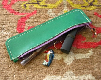 Rainbow pouch - Green leather with purple zip - pen case, coin purse, cosmetics case