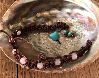 Eartly Wisdom Rose Quarts Vintage leather Macrame Bracelet