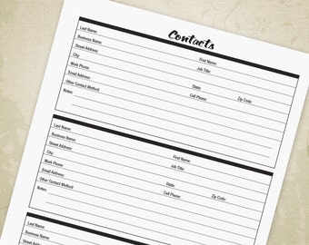 Contacts Page Printable PDF Digital Download, Address Book, Directory, Addresses & Phone Numbers List, Names and Addresses, Contact Names