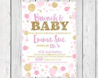 Brunch & Baby- Baby Shower Invitation- pink and gold glitter***Digital File*** (Baby-BrunchPolkapnk)