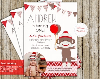 Sock Monkey Birthday Invitation First Birthday 1st Birthday Boy Birthday Party Invite Red Digital Printable